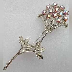 Vintage Coro Gold Tone Flower Brooch With Aurora Borealis Pink Rhinestones